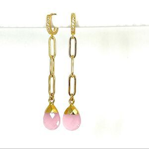 Pink genuine gemstone long dangle earrings with paper clip chain hung on hoops